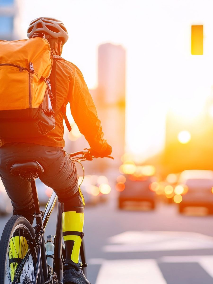 Cyclist with orange backpack rides through city at sunset, surrounded by cars and tall buildings.