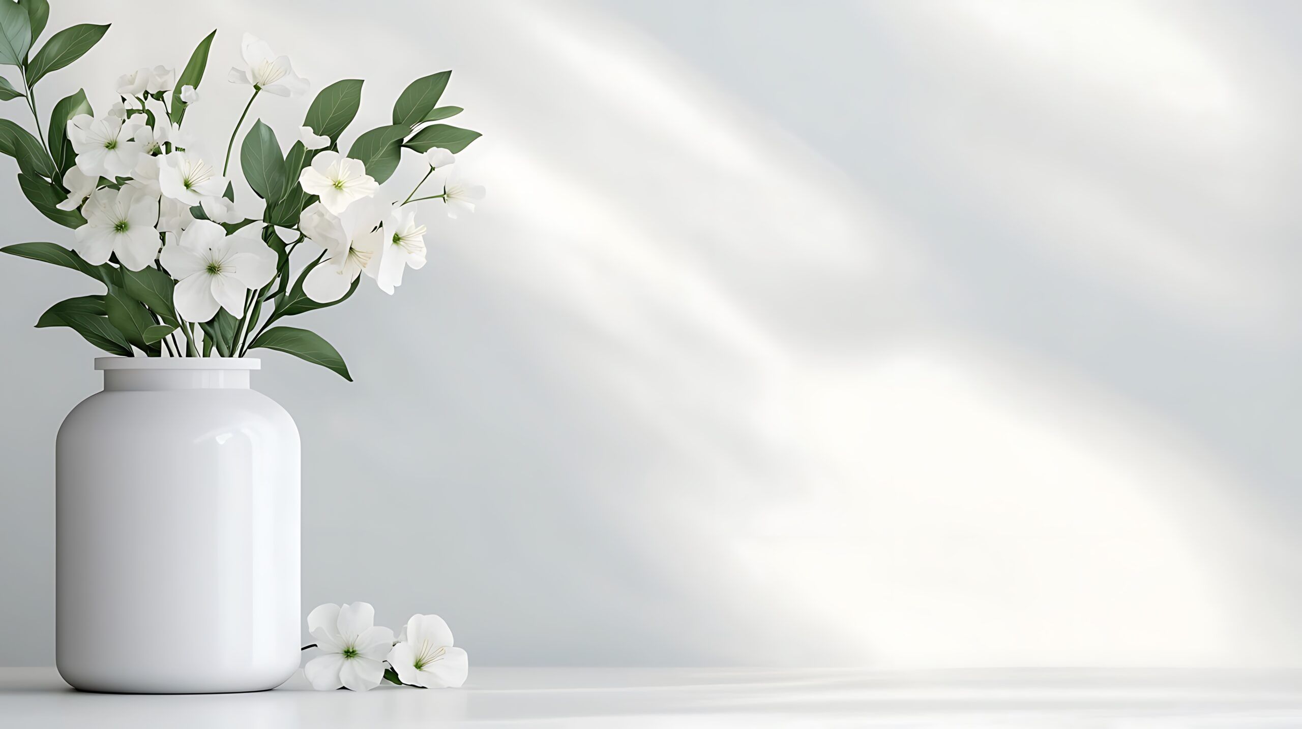 White flowers in a white vase on a white surface, with soft natural light and a blurred background.