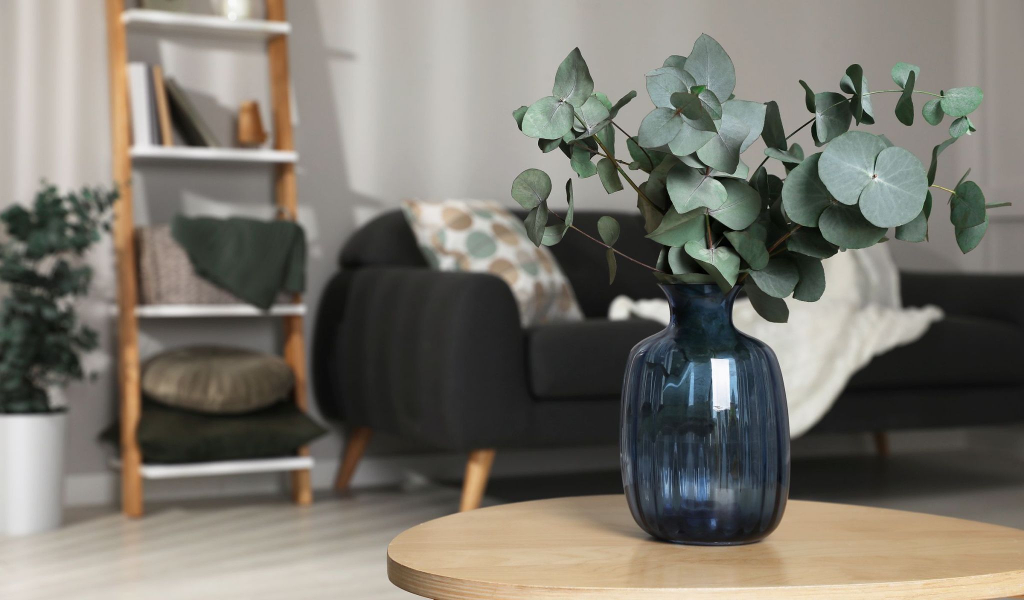 Blue vase with eucalyptus branches on a wooden table in a cozy living room with a sofa and shelves in the background.
