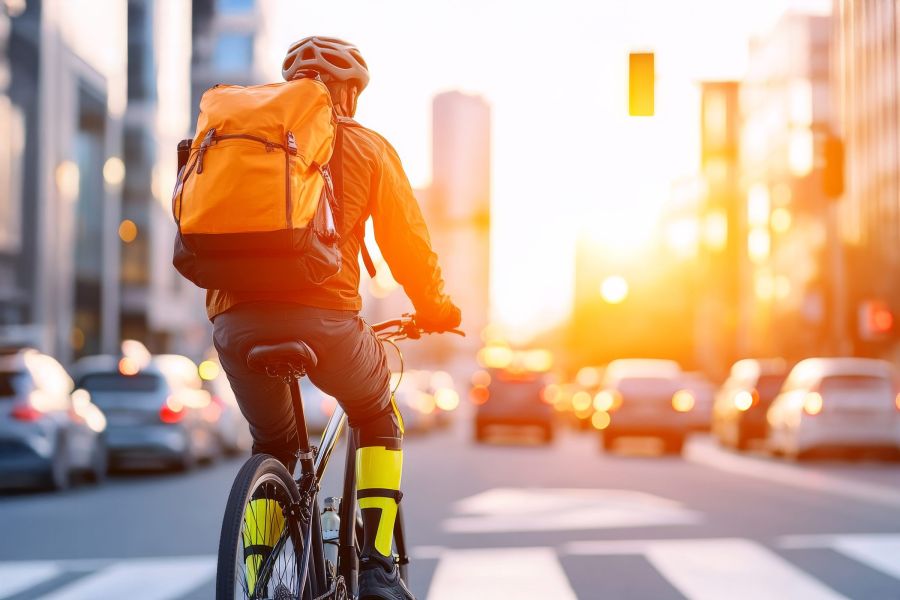 Cyclist with orange backpack rides through city at sunset, surrounded by cars and tall buildings.